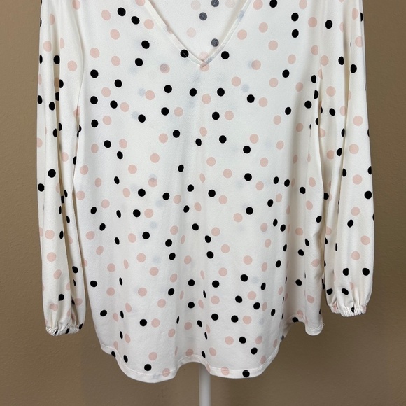 Adrianna Papell Off White with Black/Pink Polka Dots Long Sleeve Pullover Blouse - Picture 3 of 10
